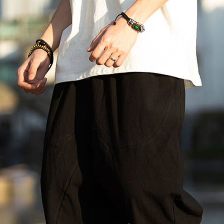 Buddha Stonesサマープレーンプリーツデザイン ドローストリング メンズ 7-8丈 コットンリネンパンツ ポケット付き - image 9