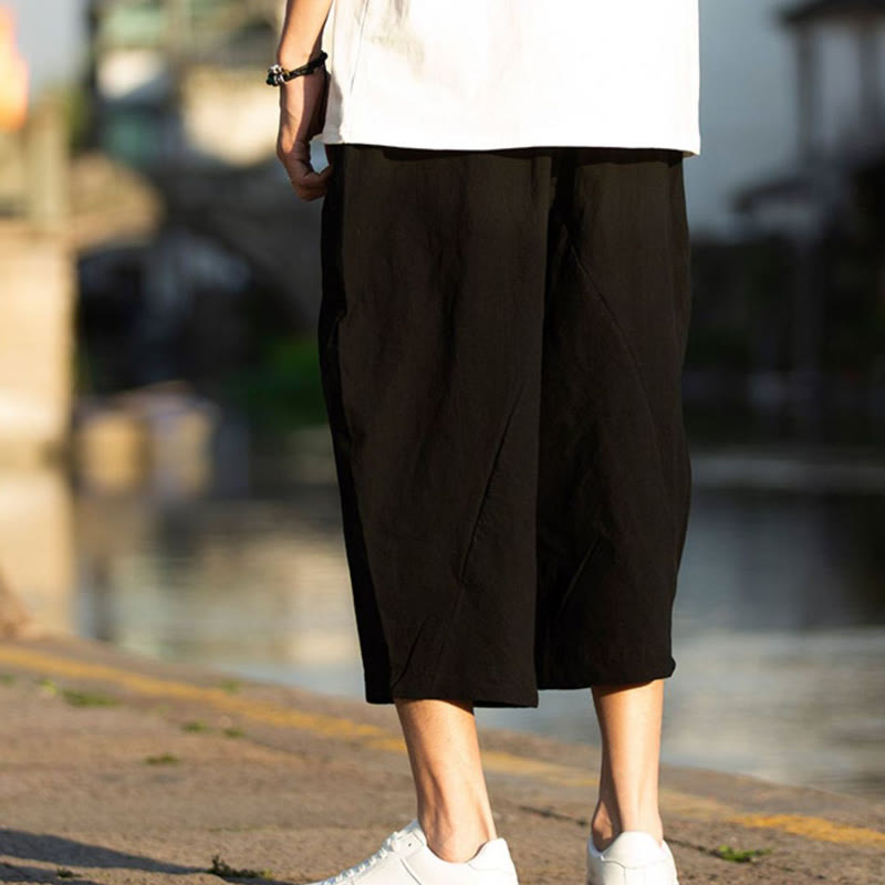 Buddha Stonesサマープレーンプリーツデザイン ドローストリング メンズ 7-8丈 コットンリネンパンツ ポケット付き - image 8