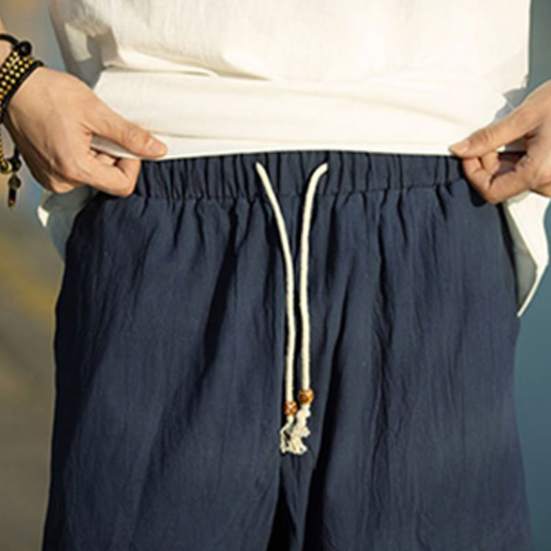 Buddha Stonesサマープレーンプリーツデザイン ドローストリング メンズ 7-8丈 コットンリネンパンツ ポケット付き - image 15
