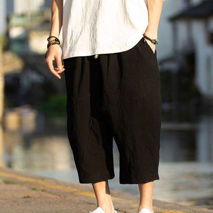 Buddha Stonesサマープレーンプリーツデザイン ドローストリング メンズ 7-8丈 コットンリネンパンツ ポケット付き - image 7