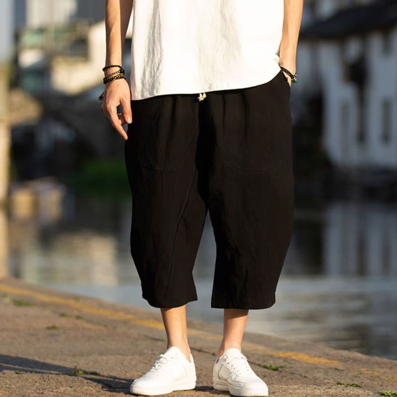 Buddha Stonesサマープレーンプリーツデザイン ドローストリング メンズ 7-8丈 コットンリネンパンツ ポケット付き - image 5