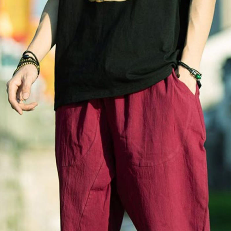 Buddha Stonesサマープレーンプリーツデザイン ドローストリング メンズ 7-8丈 コットンリネンパンツ ポケット付き - image 23