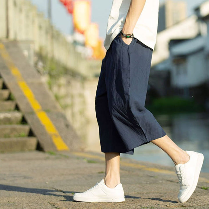 Buddha Stonesサマープレーンプリーツデザイン ドローストリング メンズ 7-8丈 コットンリネンパンツ ポケット付き - image 14