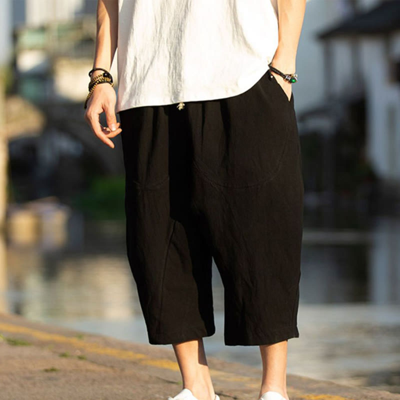 Buddha Stonesサマープレーンプリーツデザイン ドローストリング メンズ 7-8丈 コットンリネンパンツ ポケット付き - image 8