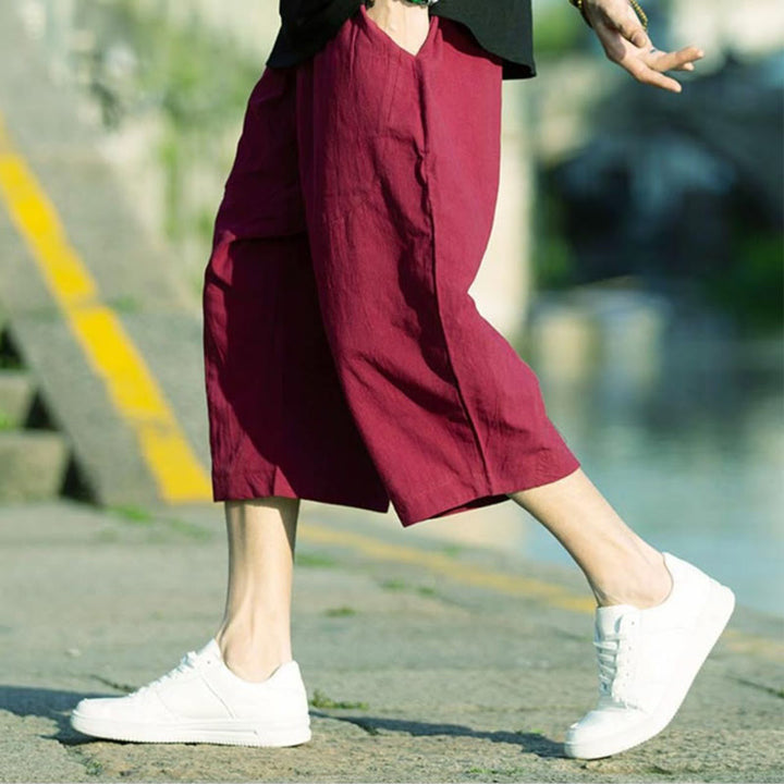 Buddha Stonesサマープレーンプリーツデザイン ドローストリング メンズ 7-8丈 コットンリネンパンツ ポケット付き - image 20