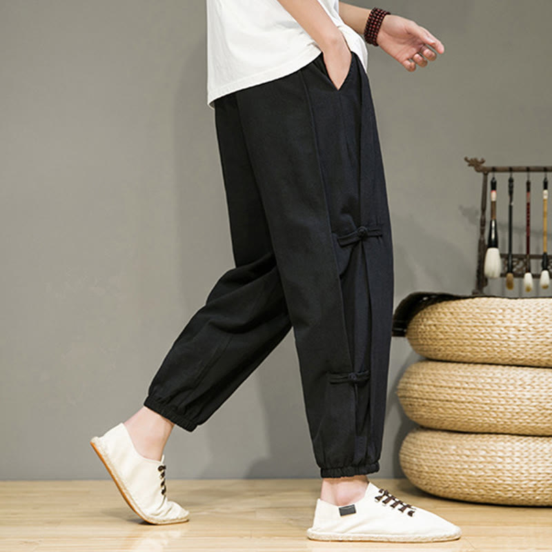 Buddha Stones夏 ヴィンテージ ドローストリング 中国風 カエルボタンデザイン メンズ コットンリネン ハーレムパンツ ポケット付き - image 13