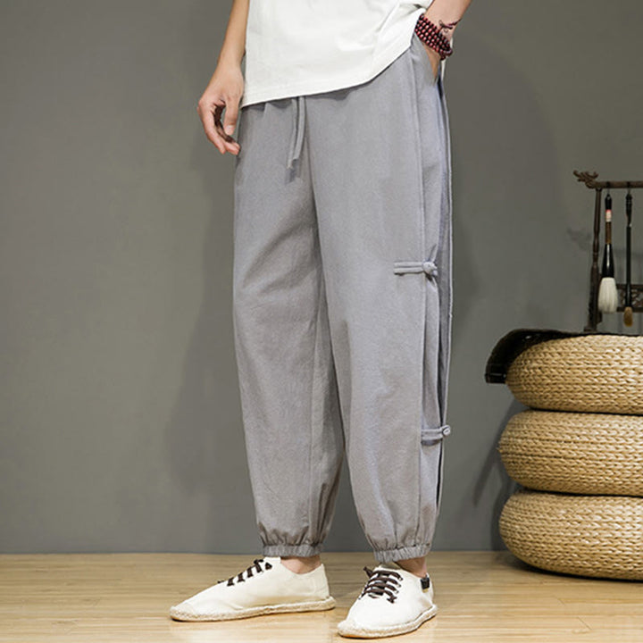 Buddha Stones夏 ヴィンテージ ドローストリング 中国風 カエルボタンデザイン メンズ コットンリネン ハーレムパンツ ポケット付き - image 20