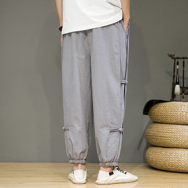 Buddha Stones夏 ヴィンテージ ドローストリング 中国風 カエルボタンデザイン メンズ コットンリネン ハーレムパンツ ポケット付き - image 21