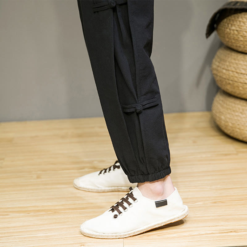 Buddha Stones夏 ヴィンテージ ドローストリング 中国風 カエルボタンデザイン メンズ コットンリネン ハーレムパンツ ポケット付き - image 18