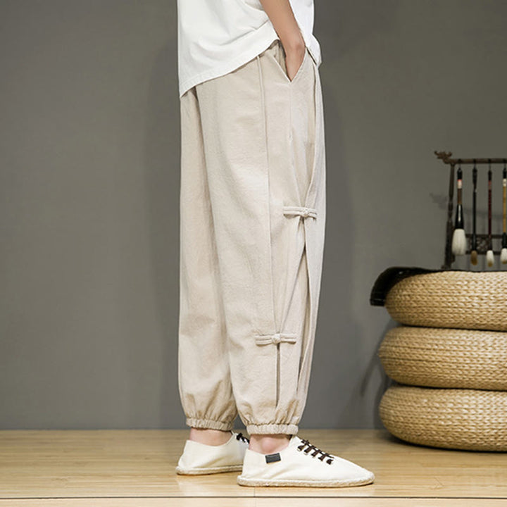 Buddha Stones夏 ヴィンテージ ドローストリング 中国風 カエルボタンデザイン メンズ コットンリネン ハーレムパンツ ポケット付き - image 4