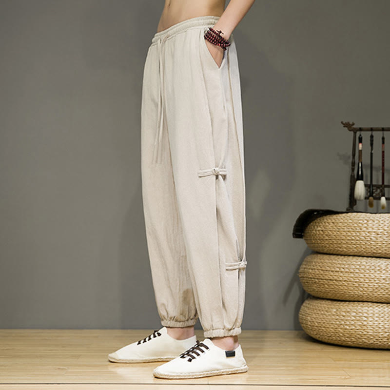 Buddha Stones夏 ヴィンテージ ドローストリング 中国風 カエルボタンデザイン メンズ コットンリネン ハーレムパンツ ポケット付き - image 7