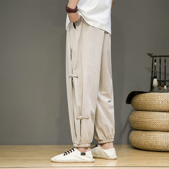 Buddha Stones夏 ヴィンテージ ドローストリング 中国風 カエルボタンデザイン メンズ コットンリネン ハーレムパンツ ポケット付き - image 6