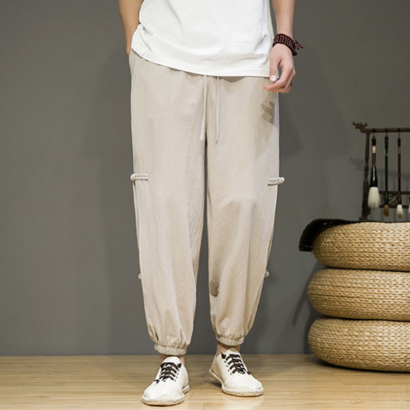 Buddha Stones夏 ヴィンテージ ドローストリング 中国風 カエルボタンデザイン メンズ コットンリネン ハーレムパンツ ポケット付き - image 5