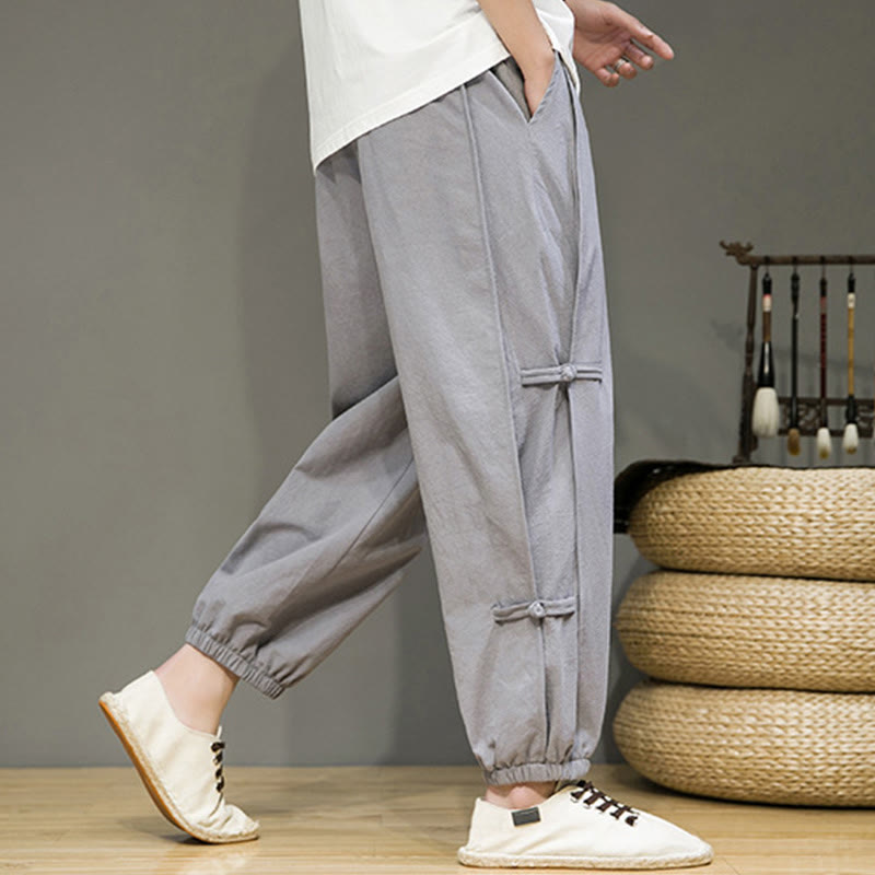 Buddha Stones夏 ヴィンテージ ドローストリング 中国風 カエルボタンデザイン メンズ コットンリネン ハーレムパンツ ポケット付き - image 24