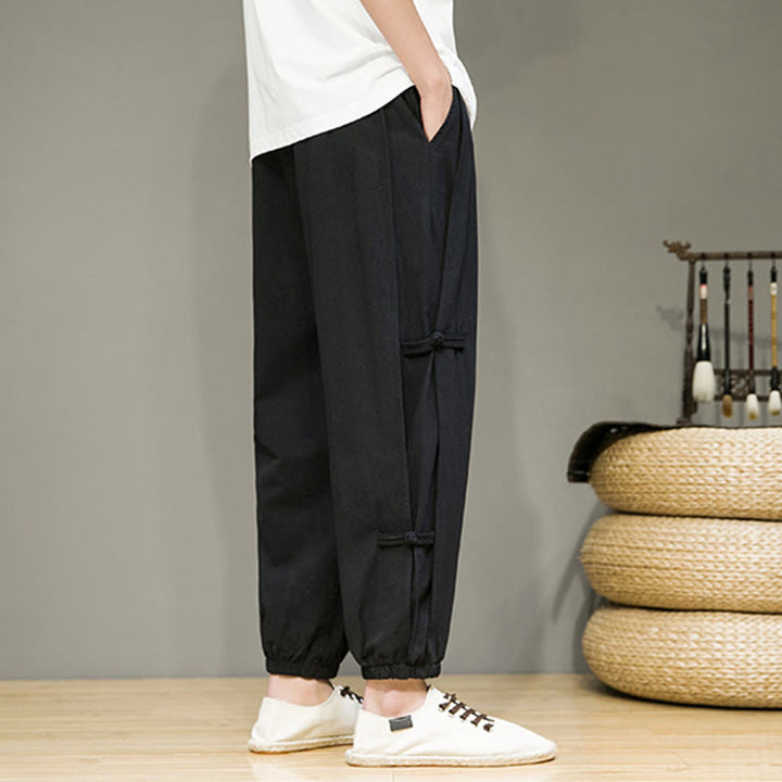 Buddha Stones夏 ヴィンテージ ドローストリング 中国風 カエルボタンデザイン メンズ コットンリネン ハーレムパンツ ポケット付き - image 15