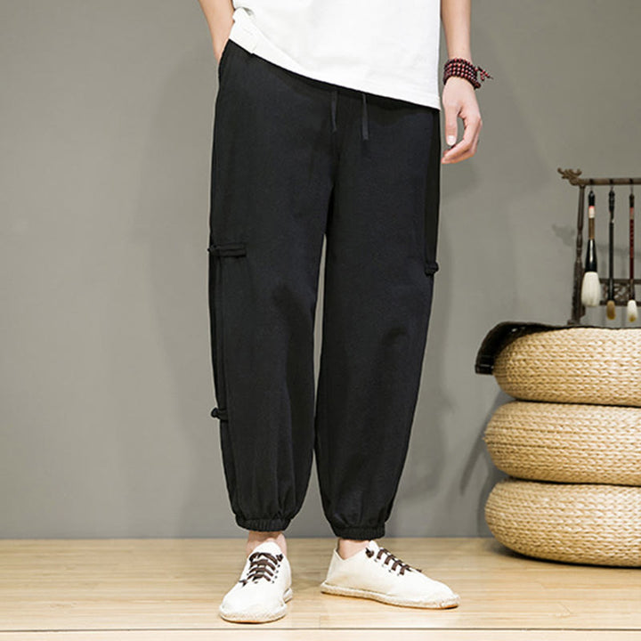 Buddha Stones夏 ヴィンテージ ドローストリング 中国風 カエルボタンデザイン メンズ コットンリネン ハーレムパンツ ポケット付き - image 11