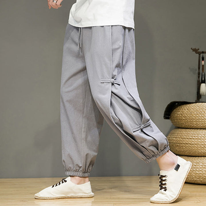 Buddha Stones夏 ヴィンテージ ドローストリング 中国風 カエルボタンデザイン メンズ コットンリネン ハーレムパンツ ポケット付き - image 22