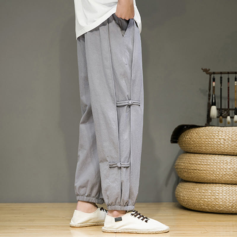 Buddha Stones夏 ヴィンテージ ドローストリング 中国風 カエルボタンデザイン メンズ コットンリネン ハーレムパンツ ポケット付き - image 26