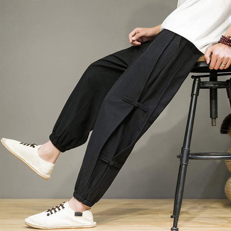 Buddha Stones夏 ヴィンテージ ドローストリング 中国風 カエルボタンデザイン メンズ コットンリネン ハーレムパンツ ポケット付き - 黒 - US/UK/AU46、 EU56 (5XL) - image 8