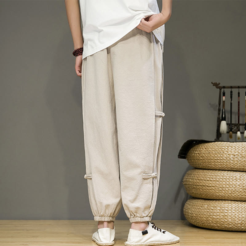 Buddha Stones夏 ヴィンテージ ドローストリング 中国風 カエルボタンデザイン メンズ コットンリネン ハーレムパンツ ポケット付き - image 2