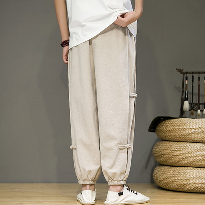 Buddha Stones夏 ヴィンテージ ドローストリング 中国風 カエルボタンデザイン メンズ コットンリネン ハーレムパンツ ポケット付き - image 2