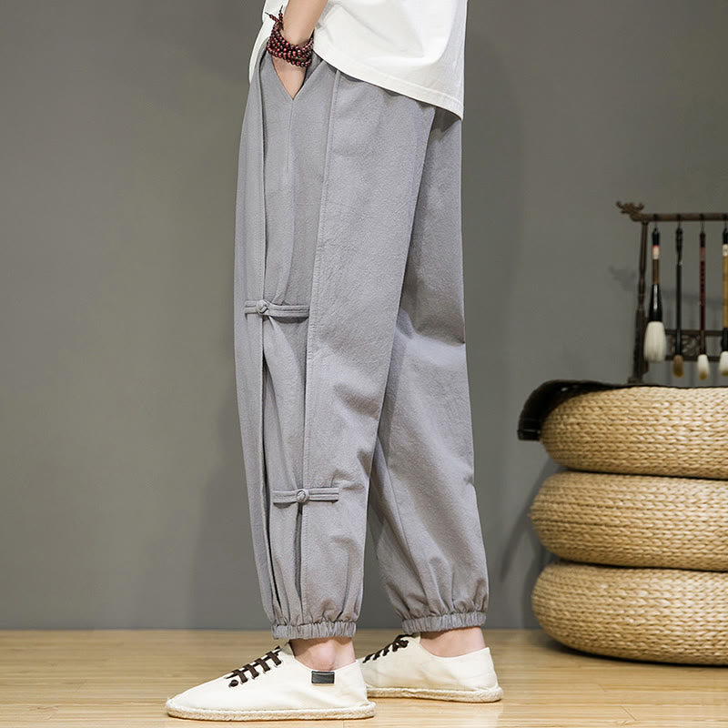 Buddha Stones夏 ヴィンテージ ドローストリング 中国風 カエルボタンデザイン メンズ コットンリネン ハーレムパンツ ポケット付き - image 25