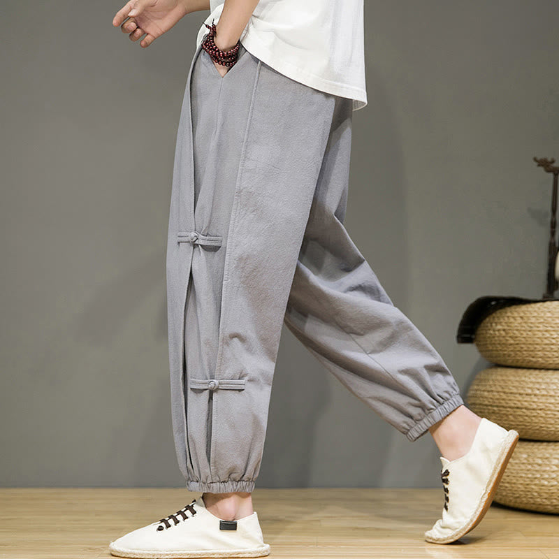 Buddha Stones夏 ヴィンテージ ドローストリング 中国風 カエルボタンデザイン メンズ コットンリネン ハーレムパンツ ポケット付き - image 23