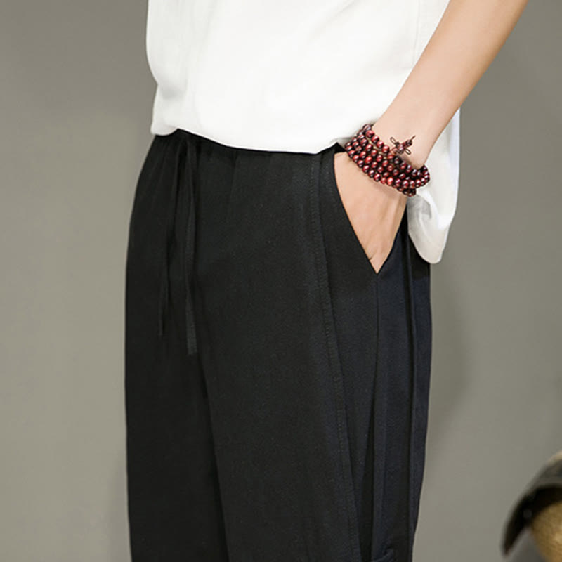 Buddha Stones夏 ヴィンテージ ドローストリング 中国風 カエルボタンデザイン メンズ コットンリネン ハーレムパンツ ポケット付き - image 16