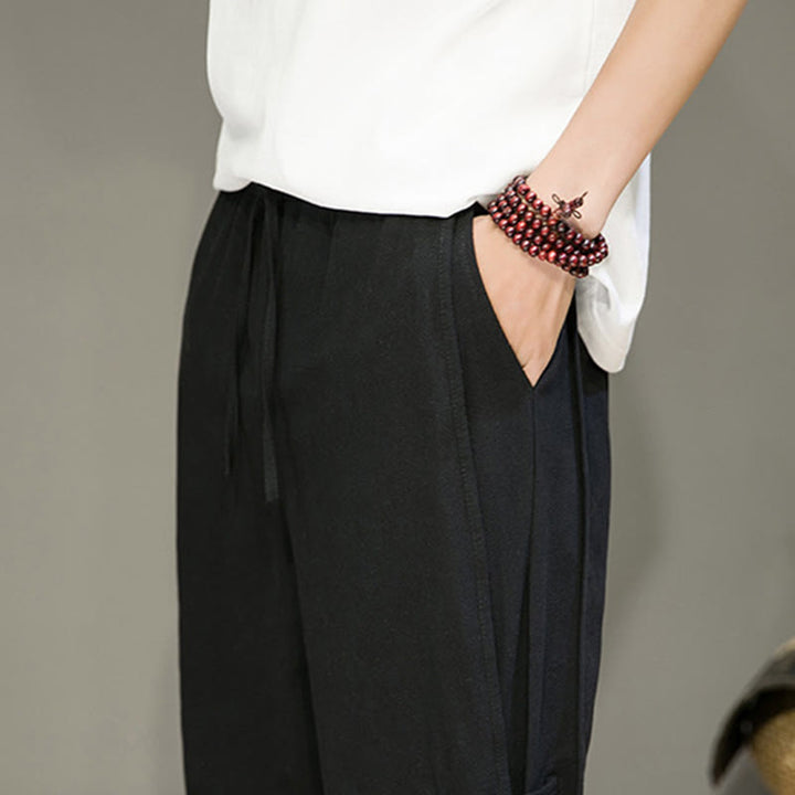 Buddha Stones夏 ヴィンテージ ドローストリング 中国風 カエルボタンデザイン メンズ コットンリネン ハーレムパンツ ポケット付き - image 16