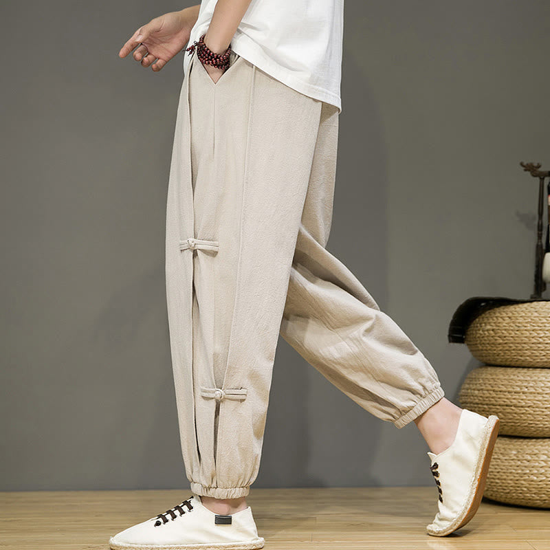 Buddha Stones夏 ヴィンテージ ドローストリング 中国風 カエルボタンデザイン メンズ コットンリネン ハーレムパンツ ポケット付き - image 3