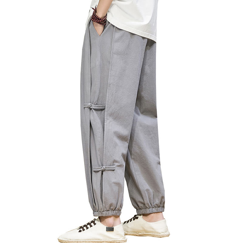 Buddha Stones夏 ヴィンテージ ドローストリング 中国風 カエルボタンデザイン メンズ コットンリネン ハーレムパンツ ポケット付き - image 27