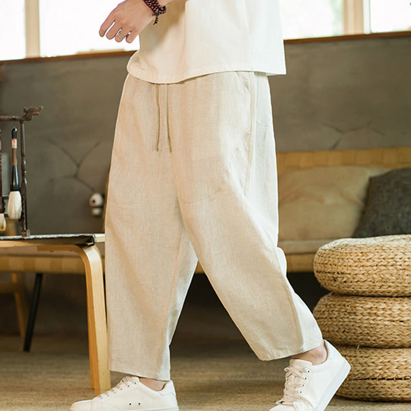 Buddha Stonesカジュアル レトロ 無地 シンプルデザイン ドローストリング メンズ リネン 伸縮性ウエストバンド ハーレムパンツ ポケット付き - ベージュ - US/UK/AU46、 EU56 (5XL) - image 0