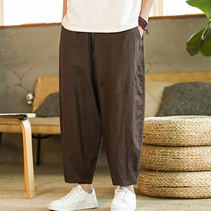 Buddha Stonesカジュアル レトロ 無地 シンプルデザイン ドローストリング メンズ リネン 伸縮性ウエストバンド ハーレムパンツ ポケット付き - image 24