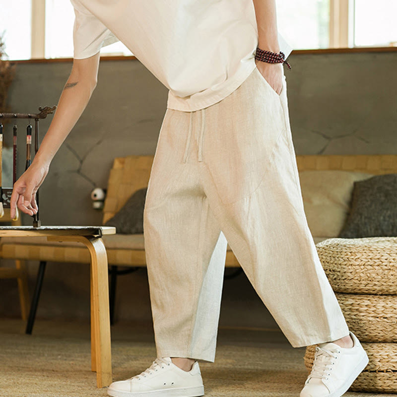 Buddha Stonesカジュアル レトロ 無地 シンプルデザイン ドローストリング メンズ リネン 伸縮性ウエストバンド ハーレムパンツ ポケット付き - image 1