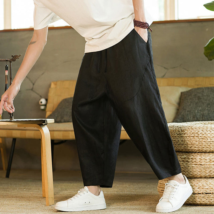 Buddha Stonesカジュアル レトロ 無地 シンプルデザイン ドローストリング メンズ リネン 伸縮性ウエストバンド ハーレムパンツ ポケット付き - image 11