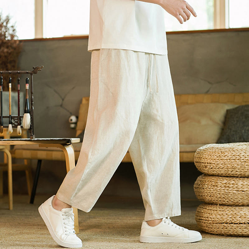 Buddha Stonesカジュアル レトロ 無地 シンプルデザイン ドローストリング メンズ リネン 伸縮性ウエストバンド ハーレムパンツ ポケット付き - image 4