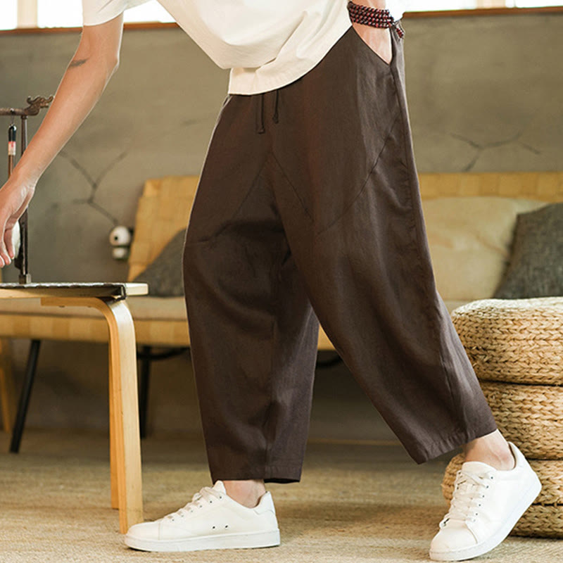 Buddha Stonesカジュアル レトロ 無地 シンプルデザイン ドローストリング メンズ リネン 伸縮性ウエストバンド ハーレムパンツ ポケット付き - image 23