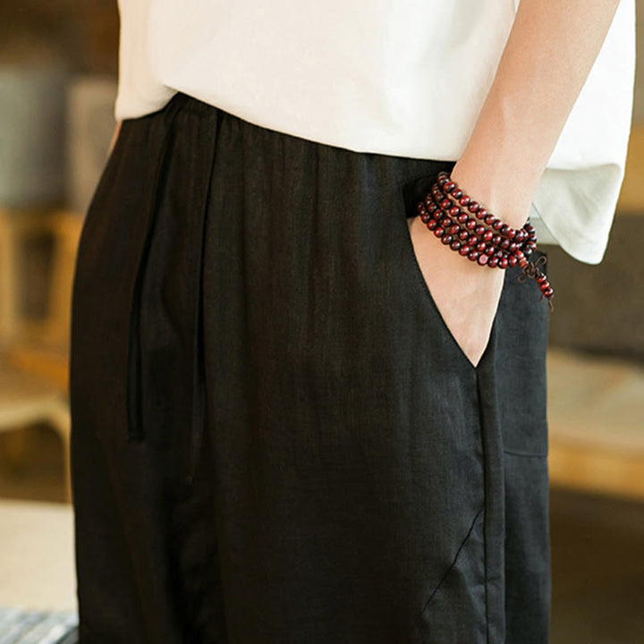 Buddha Stonesカジュアル レトロ 無地 シンプルデザイン ドローストリング メンズ リネン 伸縮性ウエストバンド ハーレムパンツ ポケット付き - image 17