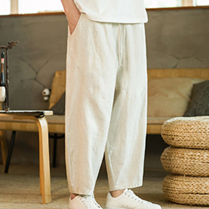 Buddha Stonesカジュアル レトロ 無地 シンプルデザイン ドローストリング メンズ リネン 伸縮性ウエストバンド ハーレムパンツ ポケット付き - image 2