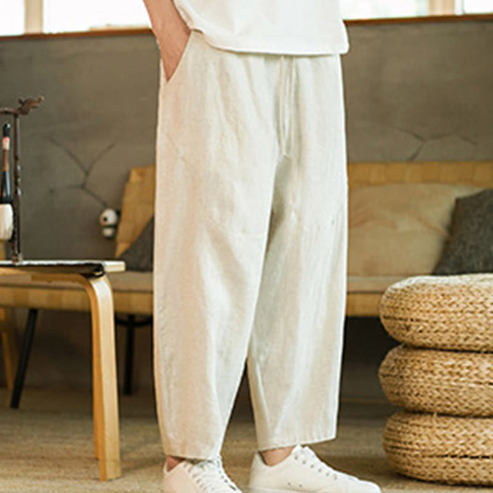 Buddha Stonesカジュアル レトロ 無地 シンプルデザイン ドローストリング メンズ リネン 伸縮性ウエストバンド ハーレムパンツ ポケット付き - image 2