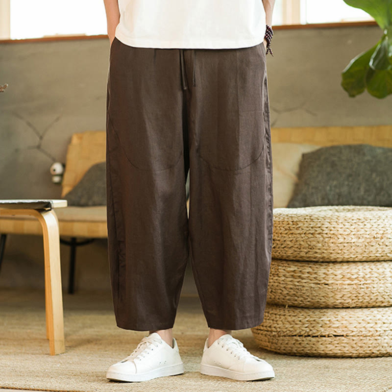 Buddha Stonesカジュアル レトロ 無地 シンプルデザイン ドローストリング メンズ リネン 伸縮性ウエストバンド ハーレムパンツ ポケット付き - image 25
