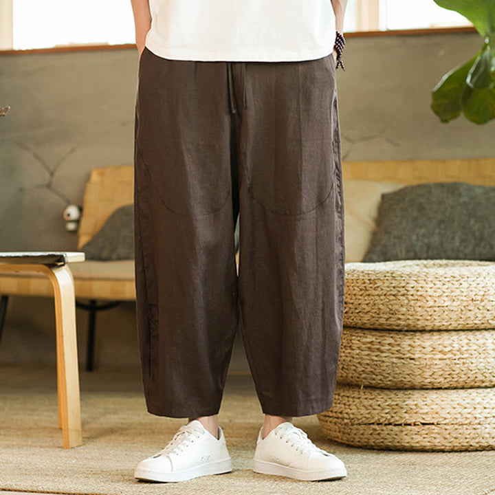 Buddha Stonesカジュアル レトロ 無地 シンプルデザイン ドローストリング メンズ リネン 伸縮性ウエストバンド ハーレムパンツ ポケット付き - image 25