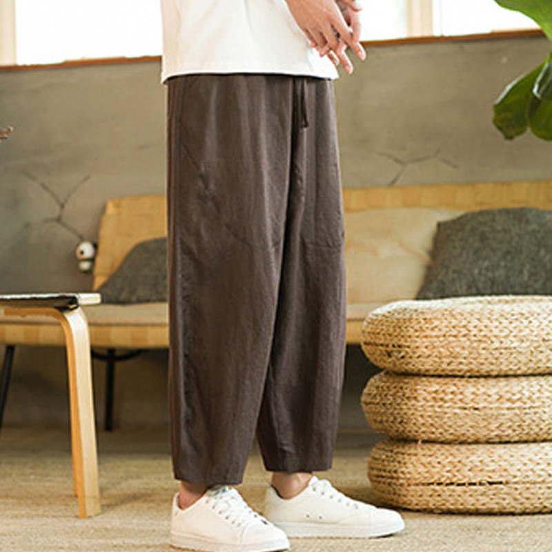 Buddha Stonesカジュアル レトロ 無地 シンプルデザイン ドローストリング メンズ リネン 伸縮性ウエストバンド ハーレムパンツ ポケット付き - image 27