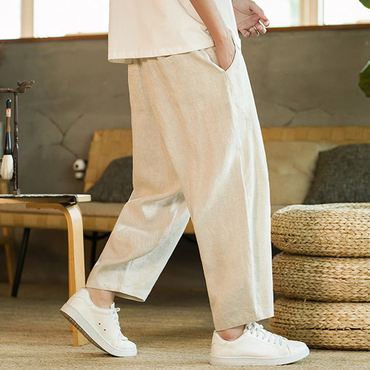 Buddha Stonesカジュアル レトロ 無地 シンプルデザイン ドローストリング メンズ リネン 伸縮性ウエストバンド ハーレムパンツ ポケット付き - image 5