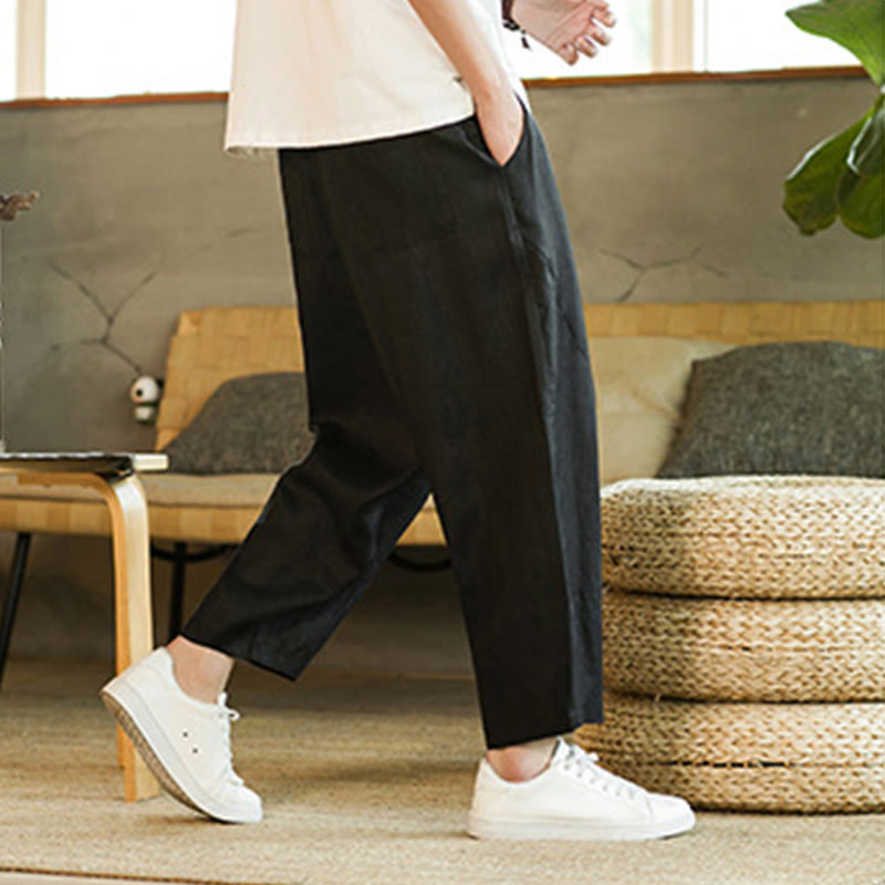 Buddha Stonesカジュアル レトロ 無地 シンプルデザイン ドローストリング メンズ リネン 伸縮性ウエストバンド ハーレムパンツ ポケット付き - image 15