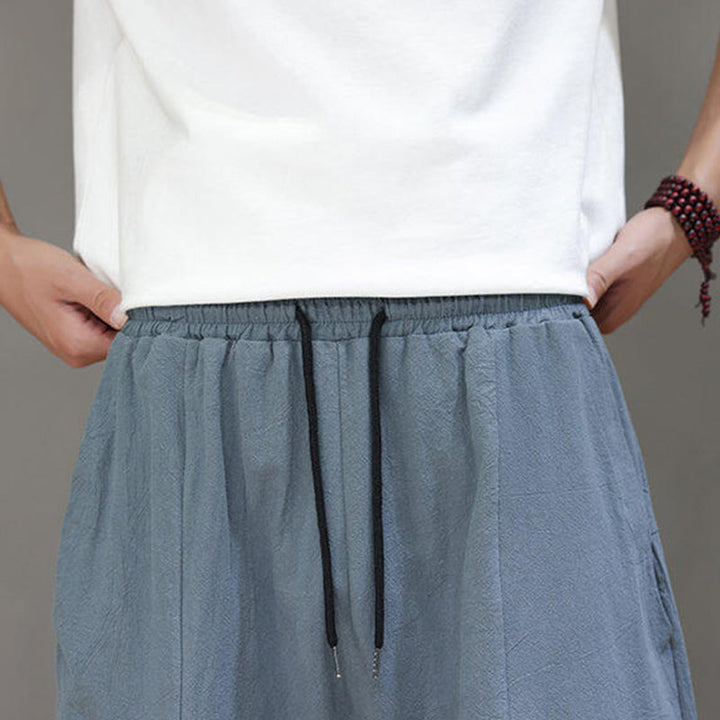 Buddha Stonesカジュアル 無地 ロークロッチデザイン ドローストリング メンズ コットン 伸縮性ウエストバンド ワイドレッグパンツ ポケット付き - image 10