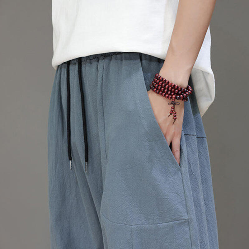 Buddha Stonesカジュアル 無地 ロークロッチデザイン ドローストリング メンズ コットン 伸縮性ウエストバンド ワイドレッグパンツ ポケット付き - image 11