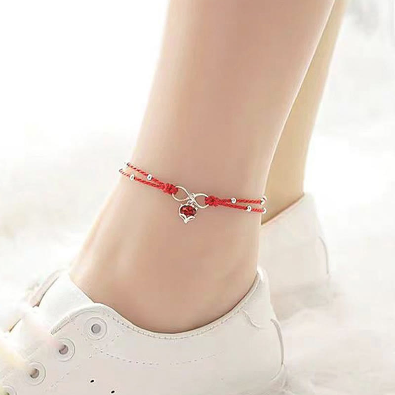 Buddha Stones925スターリングシルバー フォックス ピーチブロッサム レッドストリングコネクションブレスレット アンクレット