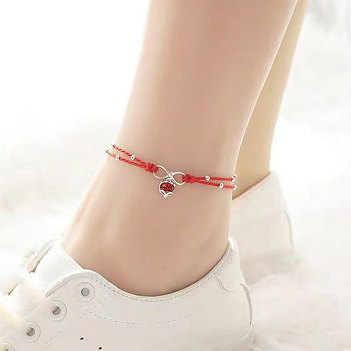 Buddha Stones925スターリングシルバー フォックス ピーチブロッサム レッドストリングコネクションブレスレット アンクレット