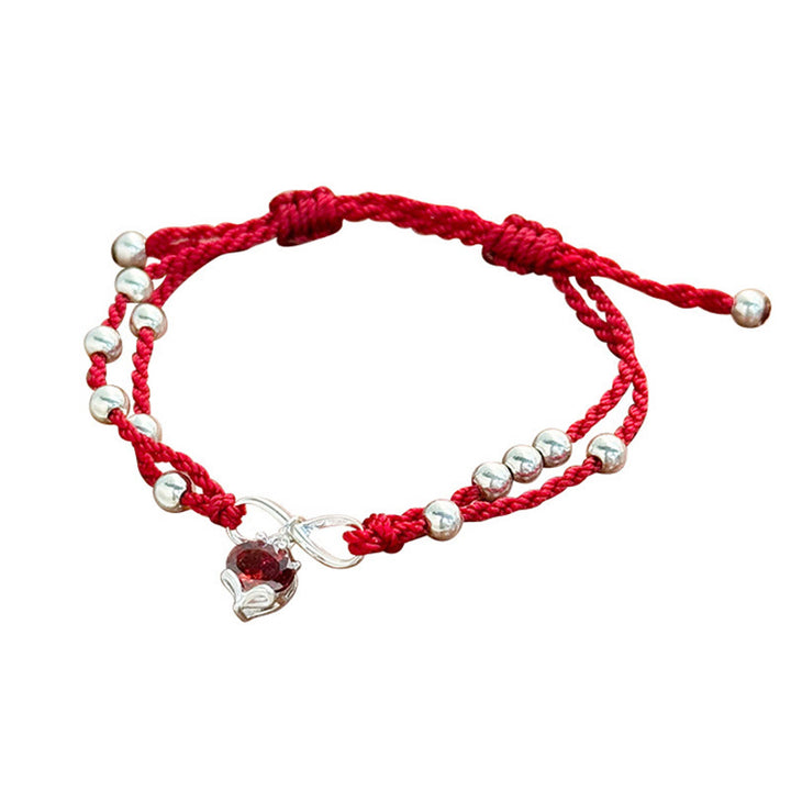 Buddha Stones925スターリングシルバー フォックス ピーチブロッサム レッドストリングコネクションブレスレット アンクレット